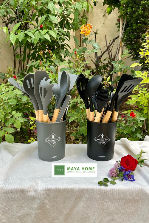 سرویس کفگیر و ملاقه سیلیکونی 12 پارچه دسته چوبی برند کیچن ست