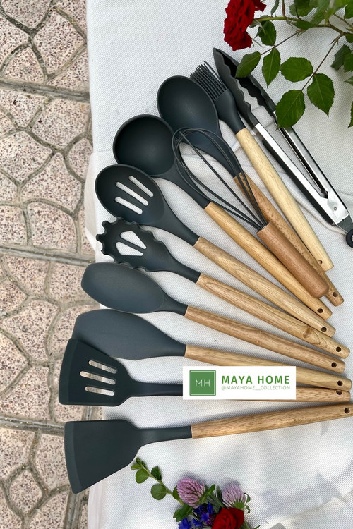 سرویس کفگیر و ملاقه سیلیکونی 12 پارچه دسته چوبی برند کیچن ست