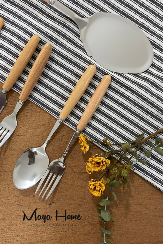 چنگال غذای خوری دسته چوبی نقره ای