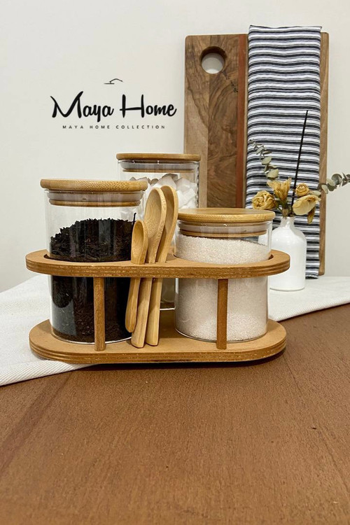 استند بانکه مثلثی سانا به همراه سه بانکه پیرکس و قاشق چوبی