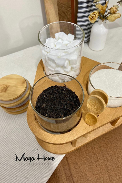 استند بانکه مثلثی سانا به همراه سه بانکه پیرکس و قاشق چوبی