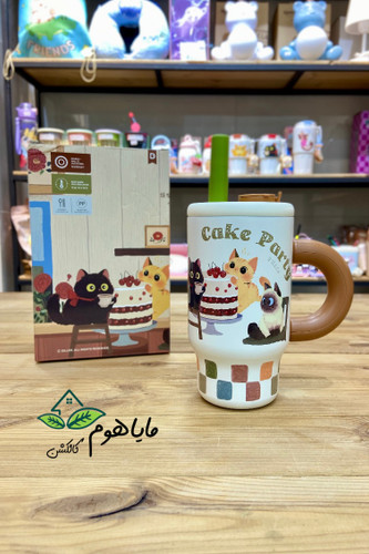 تراول ماگ 1 لیتر دسته دار و نی دار تامبلر cake party طرح گربه برند دیلر DILLER