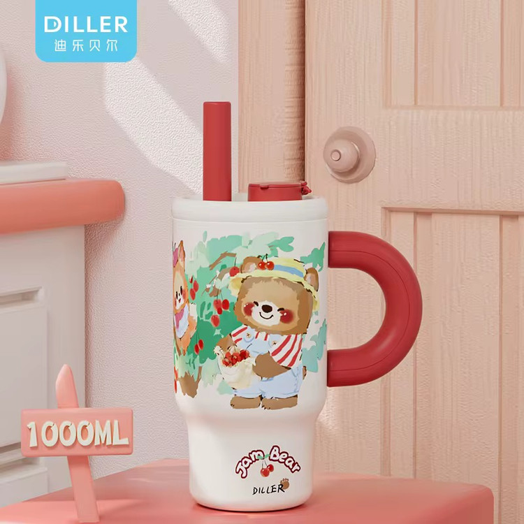 تراول ماگ 1 لیتر دسته دار و نی دار تامبلر cake party طرح گربه برند دیلر DILLER